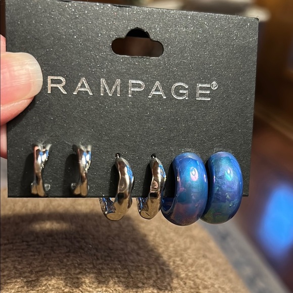 NWT, 3 pair earring set Rampage, silver hoops, blue iridescent hoops - Picture 3 of 3